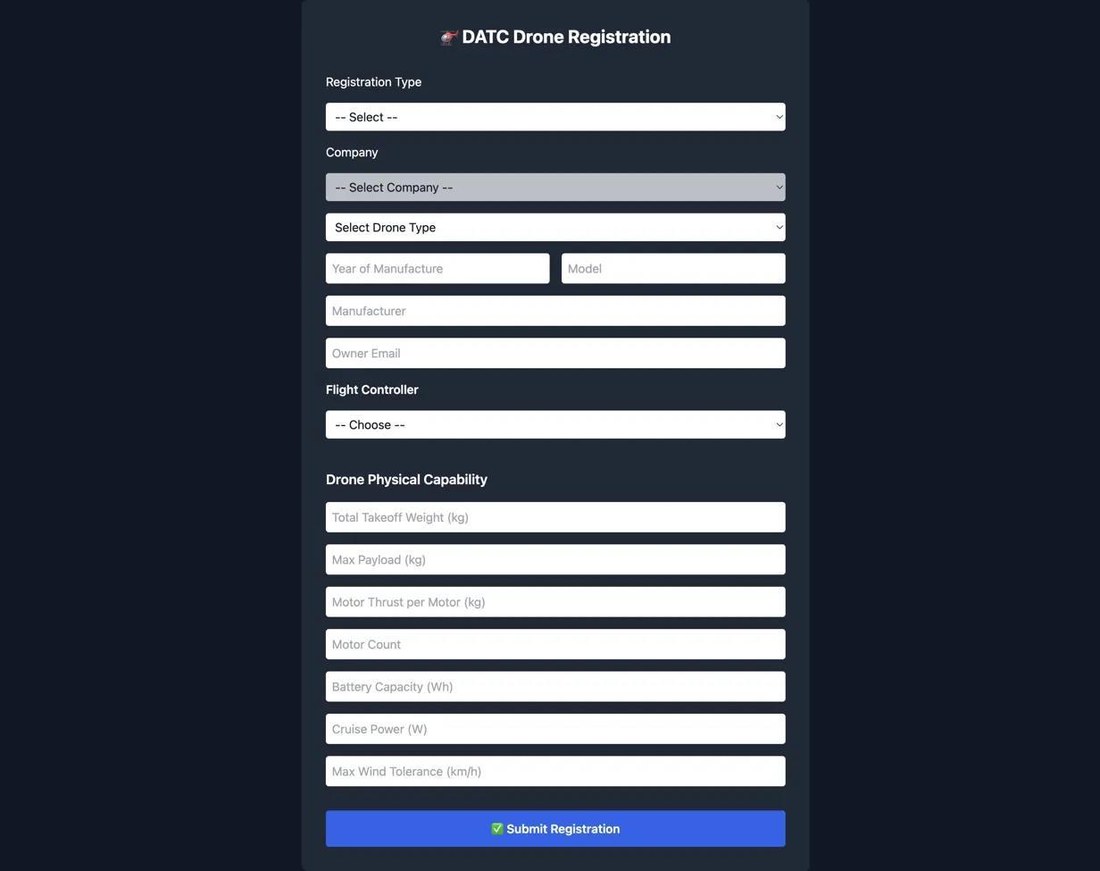 The drone registration form, collecting takeoff weight, payload, motor thrust, motor count, battery capacity, cruise power and wind tolerance.